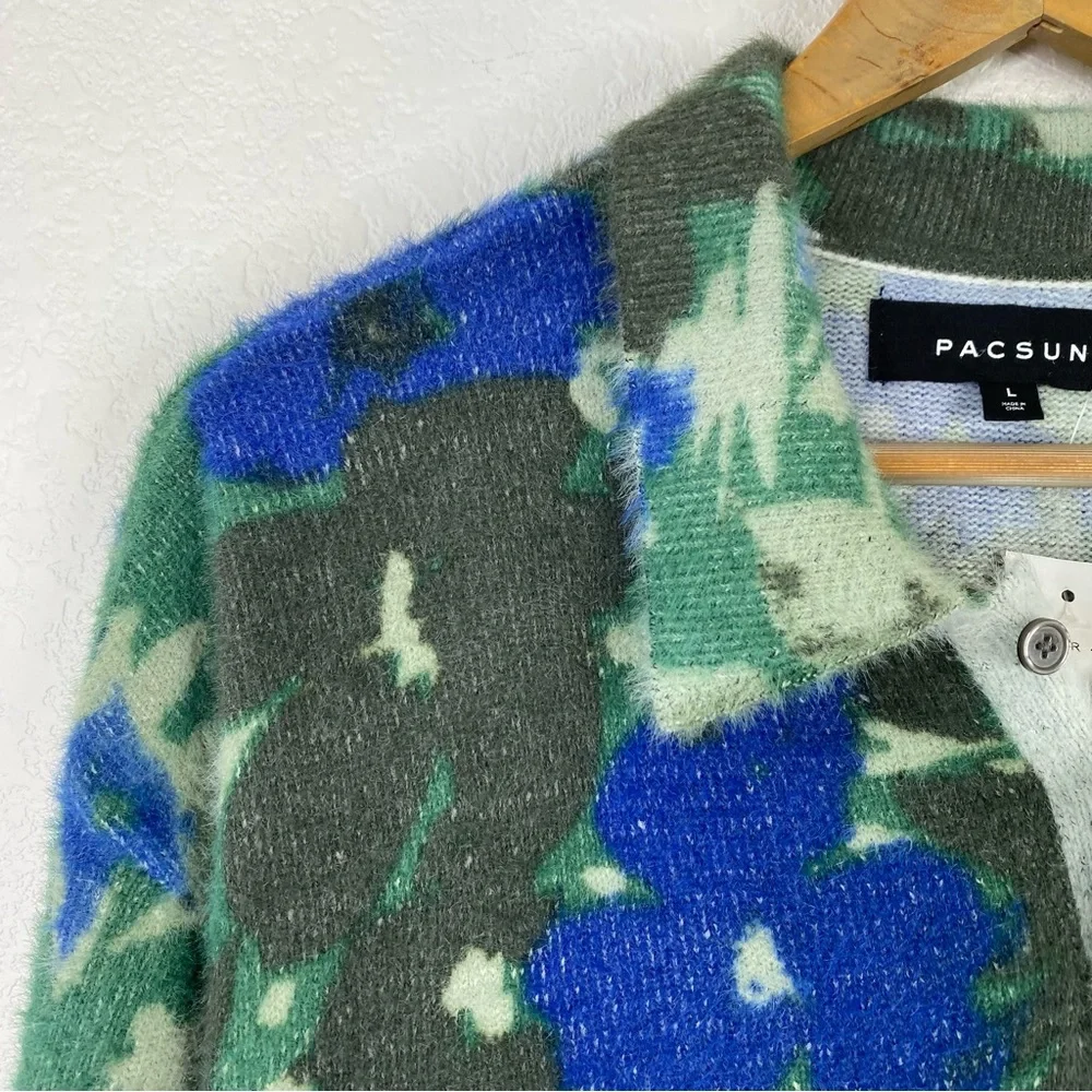 PacSun Blue and Green Floral Eyelash Polo Sweater